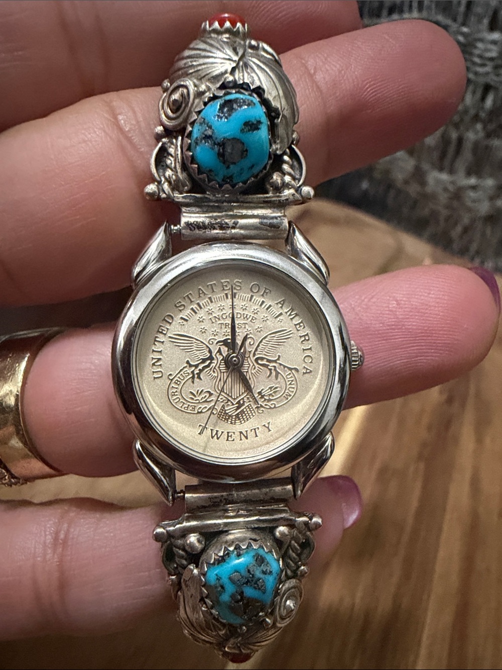 Sterling Silver Navajo Turquoise Coin Watch Bracelet by Simon or Sally Yazzie